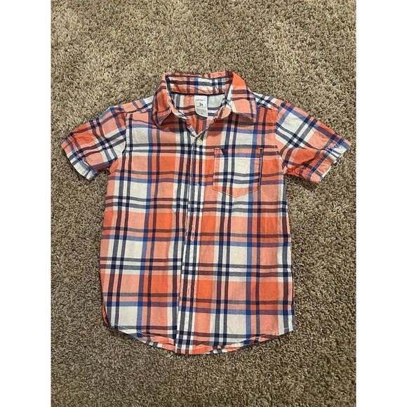 Carters Boys 3T Plaid Button-Up Shirts Lot Long Sleeve Casual Orange - Picture 6 of 7